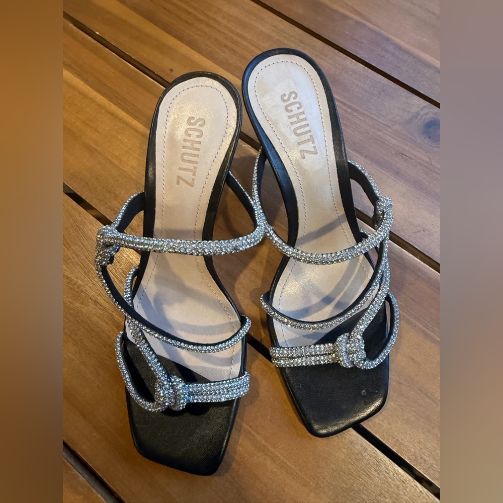 SCHUTZ Black Rhinestone Multi-Strap Heeled Sandals